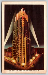 Spotlights On First Central Trust Bldg @ Night Akron Ohio~PM 1949 Linen Postcard