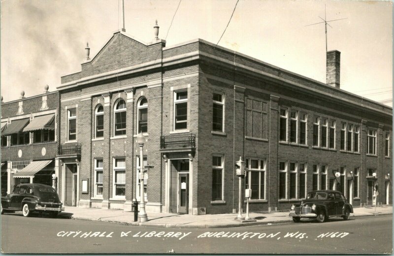 Vtg Cppr 1930s Ekc Burlington Wi Street Vue Ville Hall & Bibliothèque Voiture