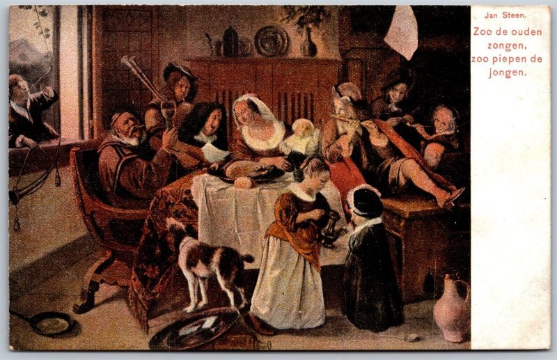 Vtg Art Jan Steen Happy Family As The Old Sing So Shall Young Pipe Postcard