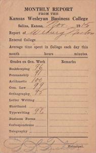 Monthly Report From Kansas Wesleyan Business College Salina Kansas 1915