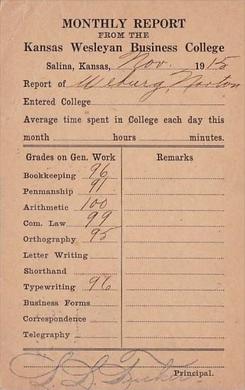 Monthly Report From Kansas Wesleyan Business College Salina Kansas 1915