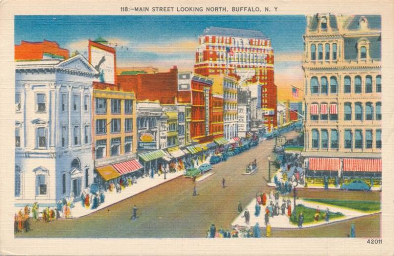 Main Street looking North at Buffalo NY, New York - pm 1953 - Linen