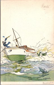 Artist Signed Bouisset Boat in Trouble Vintage Postcard 02.98