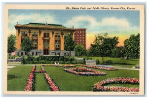 c1930's Huron Park And Public Library Kansas City Kansas KS Vintage Postcard