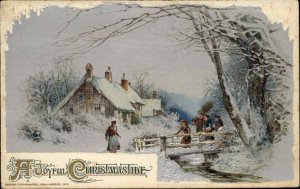 Christmas Villagers Bridge Winter Snow Gilt Embossed Winsch c1900s-20s Postcard