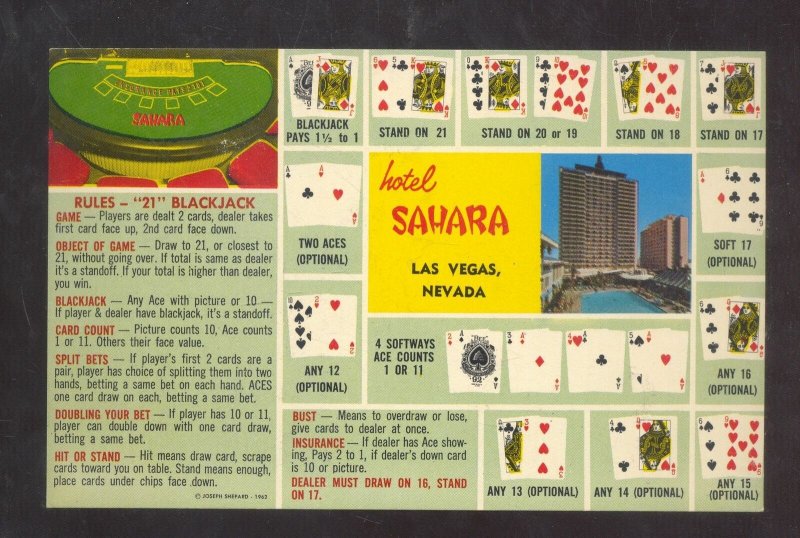 LAS VEGAS NEVADA HOTEL SAHARA BLACKJACK ADVICE VINATE ADVERTISING POSTCARD