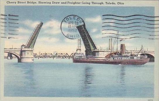 Ohio Toledo Cherry Street Bridge Showing Draw And Freighter Going Through 195...