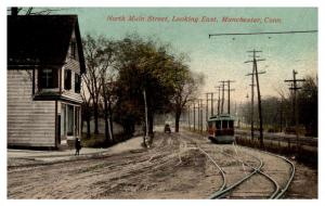 Connecticut  Manchester , North Main street looking East , trolley on track