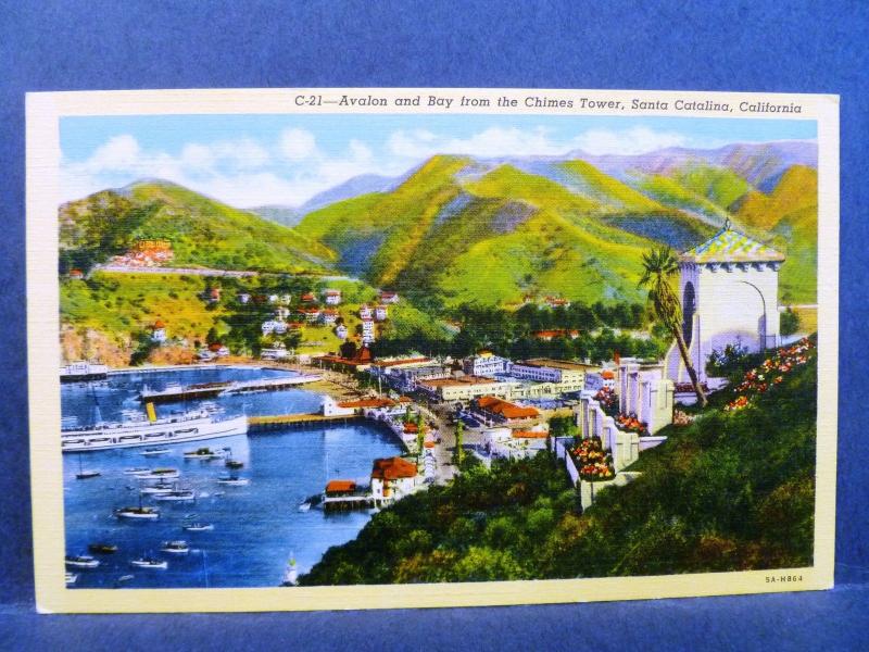 Postcard CA Santa Catalina Avalon & Bay from the Chimes Tower Vintage Linen