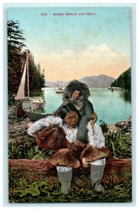 1925 View of River, Eskimos Woman and Child in Alaska Unposted Postcard 