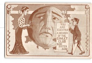 Humor Comic Postcard 1915-1930 Gimlet Club Bore Sister Bore Globe Face Woman