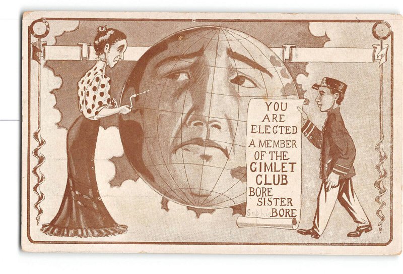 Humor Comic Postcard 1915-1930 Gimlet Club Bore Sister Bore Globe Face Woman