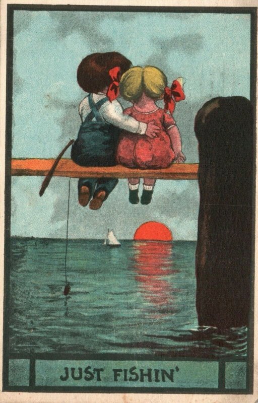 Vintage Postcard 1913 Young Girl and Boy Sitting Watching the Sunset Ocean Love