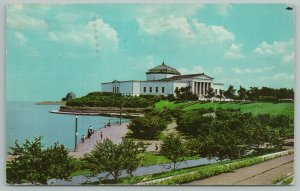 Chicago Illinois~Shedd Aquarium~Visitors on Walkway Along Water~Vintage Postcard