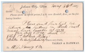 1887 Talman & Hathway Johnson City Kansas KS Clinton Iowa IA Postal Card 