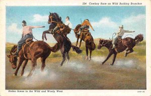 Cowboy Race on Wild Bucking Broncos Western Rodeo linen postcard