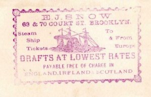 1880's EJ SNOW NY BROOKLYN STEAM SHIP TICKETS EUROPE ENGLAND IRELAND SCOTLAND