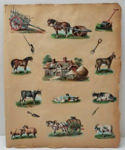 Victorian Die Cut Countryside Farm Animals Horse Water Wagon Farm Tool Butterfly