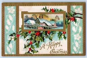Christmas Postcard Holly Berries House Scene Embossed Williamstown VT Embossed