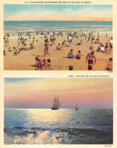 2~Postcards  BEACH SCENE & SHIPS At SUNSET Gulf Of Mexico ca1940's Vintage Linen