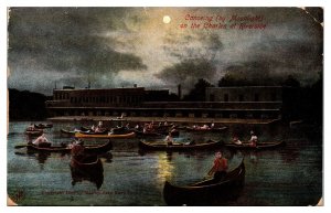 1907 Canoeing by Moonlight, On the Charles at Riverside, MA Postcard