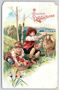 1908 Easter Greetings Egg Hunting Children Sheep Meadow Posted Postcard