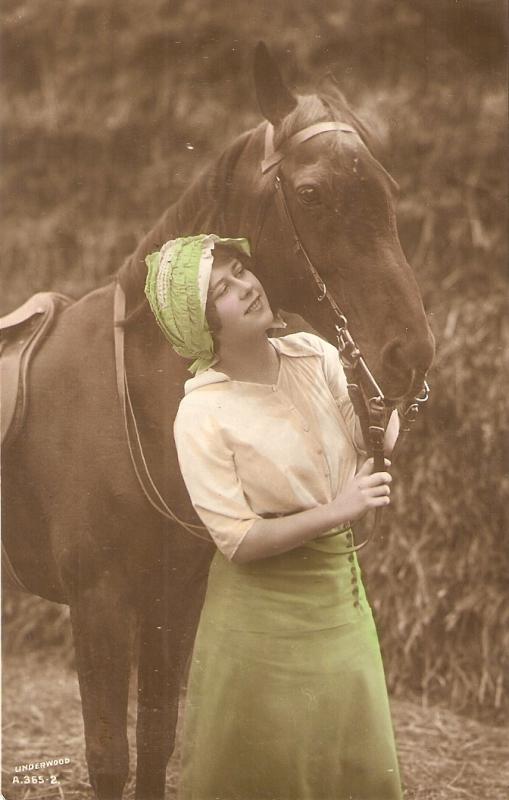 Young woman with brown bay horse Nice old vintage English postcard