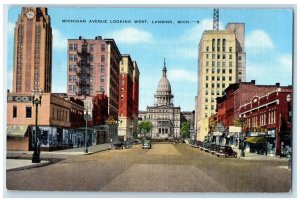 c1940 Michigan Avenue Looking West Classic Car Lansing Michigan Vintage Postcard