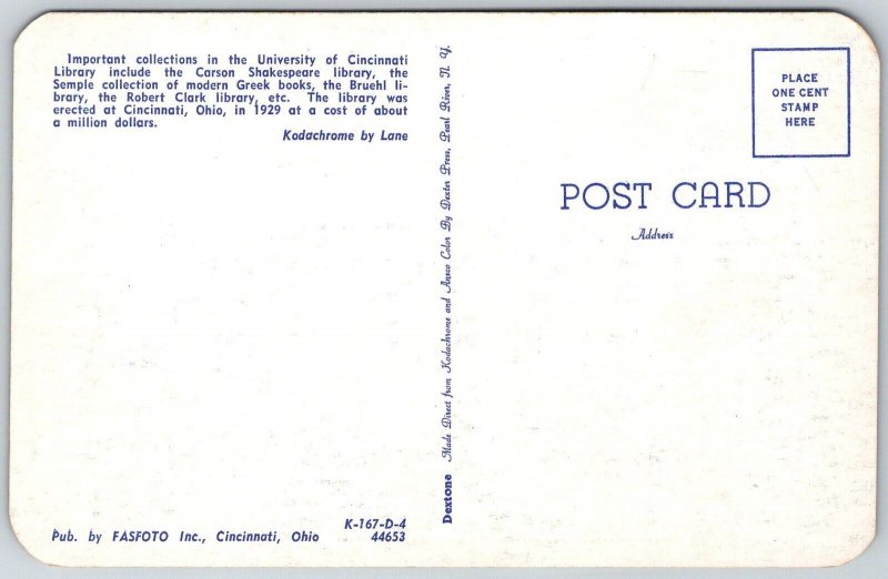 Cincinnati Ohio 1950s Postcard University Of Cincinnati Library