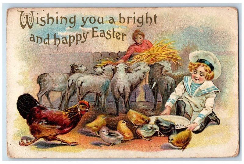 c1910's Easter Woman Child Feeding Animals Lamb Chicken Chicks Embossed Postcard 