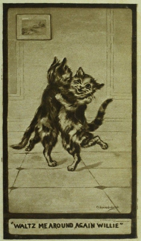 C.1910 Anthropomorphic Cute Cats Dancing Tile Floor Sepiatone Postcard F14