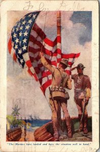 Patriotic Postcard SC Parris Island Recruit Depot Marines American Flag 1940 M62