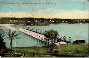 Government Dam Between Sterling and Rock Falls IL c1913 Vintage Postcard C45