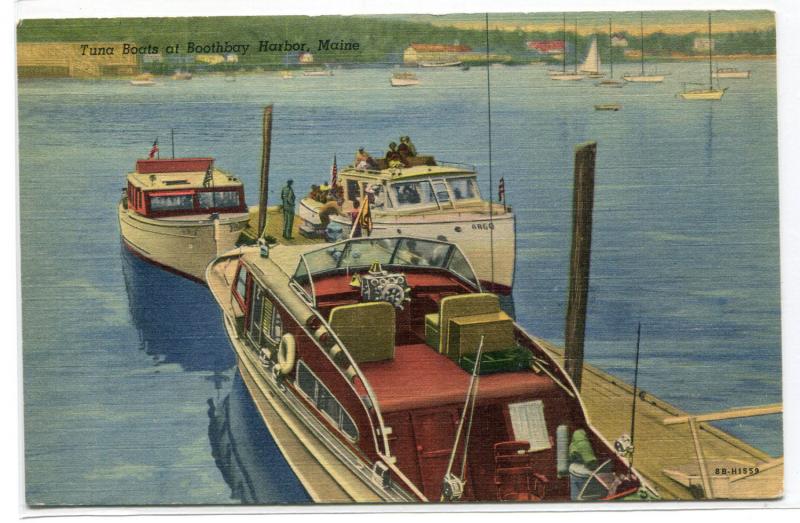 Tuna Boats Motor Launch Boothbay Harbor Maine linen postcard