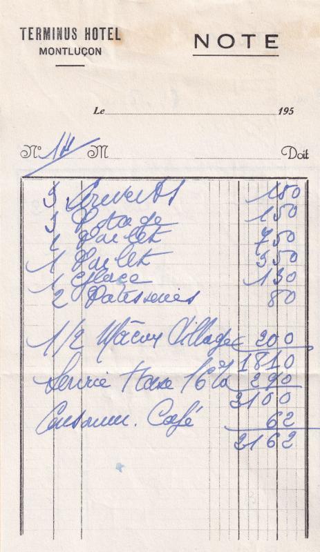 Terminus Hotel Montlucon France 1955 2x Receipt Ephemera