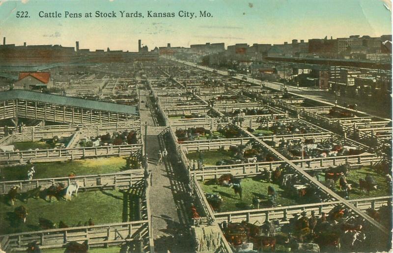 Stock Yards, Kansas City, Missouri MO Bird's Eye View Cattle Pens 1913 Postcard