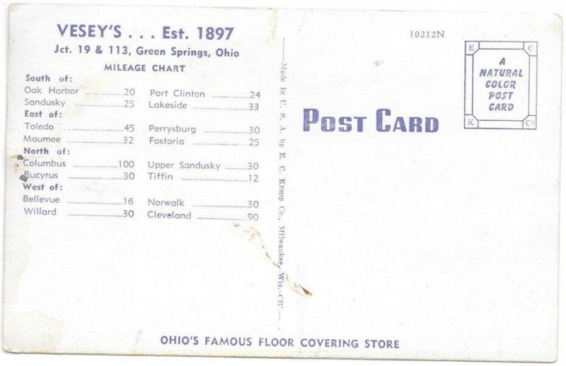 Postcard Vesey’s Floor Covering Store in Green Springs, Ohio 