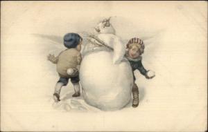 Kids Snowball Fight Around Fat Snowman HHiW Series 1077 c1910 Postcard