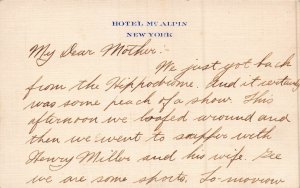NEW YORK~HOTEL McALPIN NOTE CARD WITH MESSAGE TO MY DEAR MOTHER