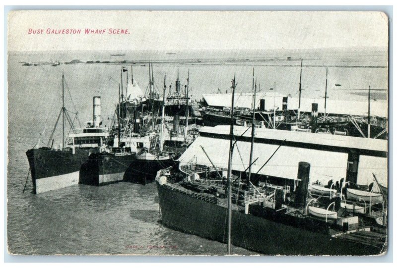 c1920 Busy Galveston Wharf Scene Ships Boats Docking Steamer Texas TX Postcard