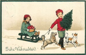 Postcard C-1910 Christmas Tree Children dog sled Holiday TP24-829