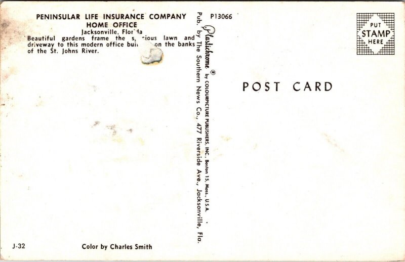 Peninsular Life Insurance Company Home Office Jacksonville FL Chrome Postcard 