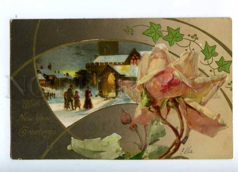 187173 Art Nouveau NEW YEAR Roses KLEIN Vintage EMBOSSED PC