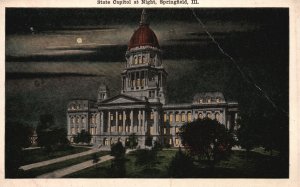 Vintage Postcard 1919 State Capitol Building at Night Springfield Illinois ILL