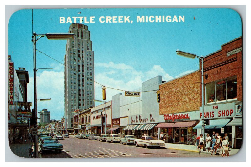 Battle Creek Michigan Vintage Standard View Postcard Michigan Avenue Old Cars  