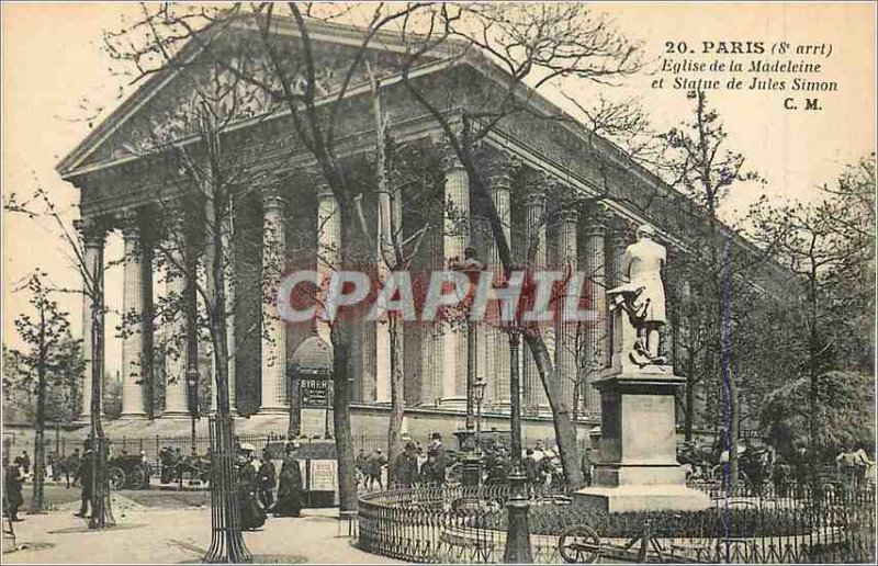 Postcard Old Paris (8th Arrt) Madeleine Church and Statue of Jules Simon