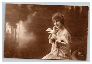Vintage 1890's French RPPC Postcard - Studio Portrait Beautiful Woman with Doves