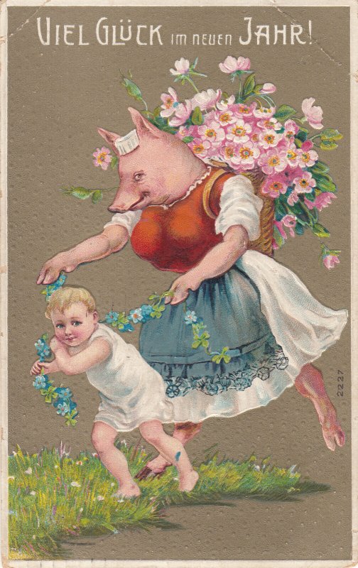 New Year 1910 greetings drawn humanized luck pigs fantasy postcard Germany