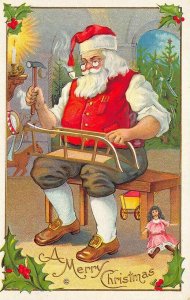 Embossed Red suited Santa Claus Repairing Sled A Merry Christmas Postcard