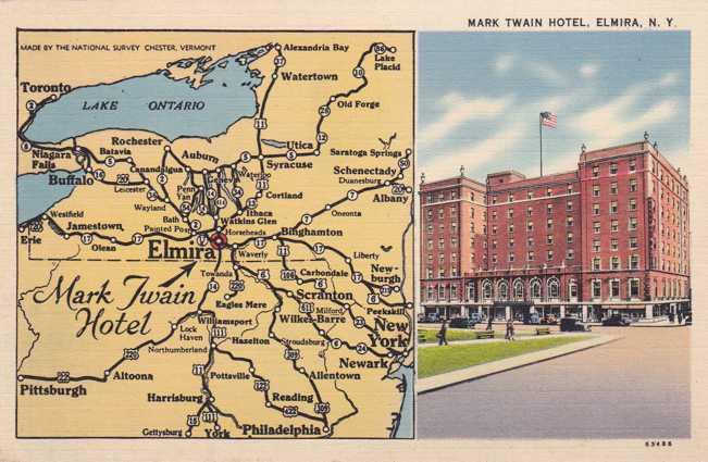 Mark Twain Hotel and Area Map - Elmira NY, New York - pm 1941 - Linen